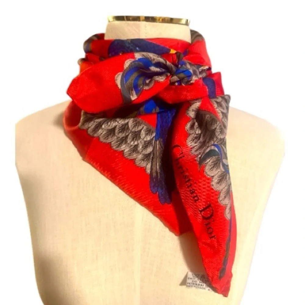 Christian Dior Stunning Vintage 100% Silk Scarf Birds & Foliage Print Red Blue
